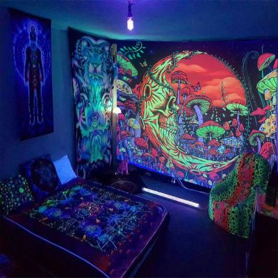 Psychedelic Fluorescent Decoration Mushroom Planet Tapestry Wall Hanging Luminous Background Home Living Room Aesthetic Decor