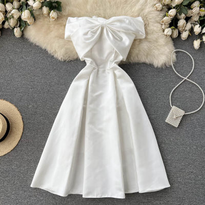 Women White Evening Party Dress Summer Sweet Bow One Word Neck Off The Shoulder Elegant Dresses Ladies A Line Long Dress