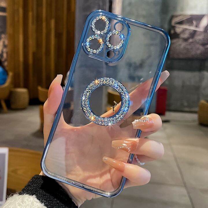 เคสโทรศัพท์โปร่งใสแวววาวหรูหราพลอยเทียมใหม่สำหรับ-iphone-11-12-13-pro-max-x-xr-xs-กันกระแทกเลนส์กล้องถ่ายรูปทองเคสโทรศัพท์ด้านหลัง