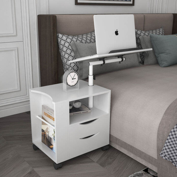 Height Adjustable Overbed End Table Wooden Nightstand With Swivel Top