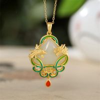 【CW】 Designer new ancient gold inlaid dragon and phoenix natural Hetian jade necklace pendant Chinese style ladies