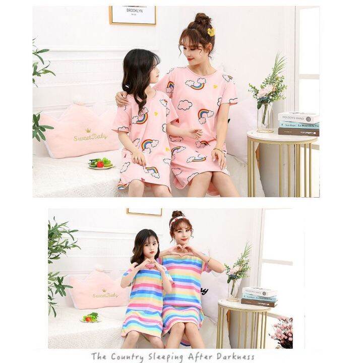 ready-stock-cotton-kids-dress-korean-girl-nightdress-short-sleeve-kids-pyjamas-girl-pajamas-parent-child-dress-baby-girl-dress-mom-dress-mother-and-daughter-sleepwear-nightwear-kids-sleepwear