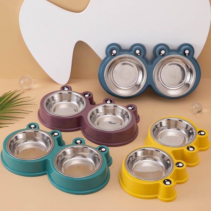 ใหม่-ชามอาหารสัตว์-หน้ากบ-2-ช่อง-frog-double-pet-bowl-ที่ใส่อาหารสัตว์-ทนทาน-แข็งแรง-ชามเดี่ยว-มีหลายสี-พร้อมส่ง