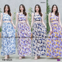 B18525 set 2 ชิ้น เสื้อครอปสายยางยืดลายดอกไม้ + กระโปรงยาวผ่าข้างลายดอกไม้ Set of 2 pieces: floral elastic strap crop top + floral long skirt with side slits