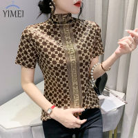 YIMEI เสื้อยืดแขนสั้นติดเพชรยอดนิยม2023แฟชั่นแบบใหม่ในฤดูใบไม้ร่วงเสื้อกำมะหยี่สีทองเสื้อยืดแขนยาวฟิตเนสพิมพ์ลายสวยงาม