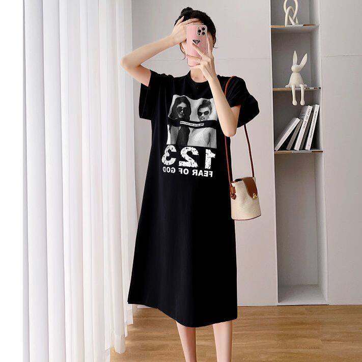 naza-trend-store-free-shipping-ชุดฤดูร้อนสำหรับคนท้องเสื้อแขนสั้นแฟชั่นฤดูร้อนผ่าข้างเหนือเข่าชุดหลวมเสื้อยืดฤดูร้อนกระโปรงยาว