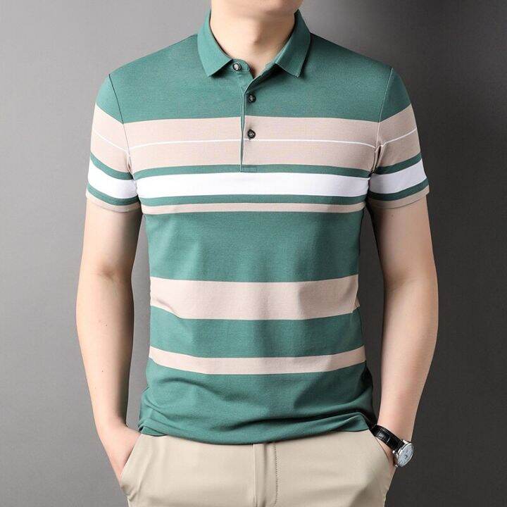 เสื้อโปโล2ตัวสำหรับผู้ชายเสื้อกอล์ฟสไตล์เกาหลีเสื้อโปโลแขนสั้นสำหรับผู้ชายเสื้อผ้าปุ่มพิมพ์ลายทางสำหรับฤดูร้อน