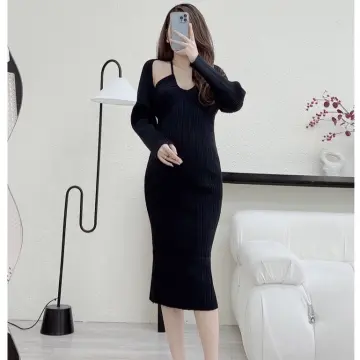 Bộ váy áo rời kẻ đẹp sang kèm choàng len cực sang đẹp độc đáo màu đen   lien fashion