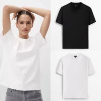 ☸MASSIMO DUTTI เสื้อยืดใหม่ฤดูใบไม้ผลิและฤดูร้อนสั้นแขนสั้นคอวีเรียบง่ายสีดำและสีขาวสำหรับผู้หญิงเสื้อผ้า2023เสื้อกันหนาวเข้าคู่ผ้าฝ้ายสีดำและสีขาว