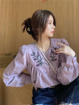 French embroidery v-neck shirt female new spring and summer design feeling restoring ancient ways purple loose bubble long-sleeved jacket female