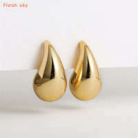 Fresh sky ต่างหูทรงโดมสีทองเงินแบบวินเทจสำหรับผู้หญิงต่างหูหยดน้ำตาหนาทำจากโลหะผสมมันวาวห่วงที่มีน้ำหนักเบา1คู่