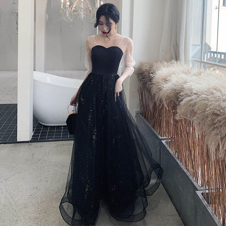 Women Black Dinner Party Evening Dress Long Sleeve Formal Gown for