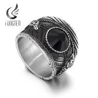 {BUSA Fashion Accessories} Fongten Retro Black Crystal Stone Charm Snake Wide Mens Rring Matte Stainless Steel Big Finger Rings Male Jewelry