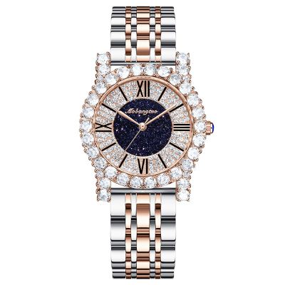 นาฬิกาผู้หญิงแฟชั่นใหม่2021เรือนหน้าปัดเพชรหรูหราประดับสายเหล็กควอตซ์หน้าปัดเลขโรมัน
