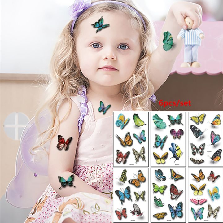 6pcs/set Glitter Tattoo Kids 3d Butterfly Shimmer Temporary Tattoos For