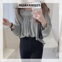 HUAYANG01 2023แฟชั่นสุดฮอตสำหรับผู้หญิง,เสื้อเบลาส์แขนยาวคอสี่เหลี่ยมสีทึบฤดูใบไม้ร่วง