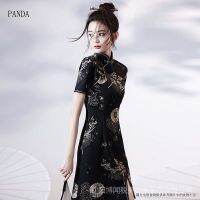 ❃♘ 2023 New Style Black Slimmer Look Improved Cheongsam Slit Short Sleeve Dress Women Clothes