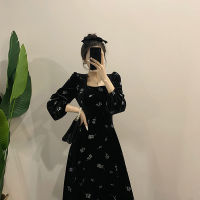 Winter Square Collar flower Print Velvet Dress Women Long Lantern Sleeve High Waist Slim Mid Dress Office Lady Black Prom Gown