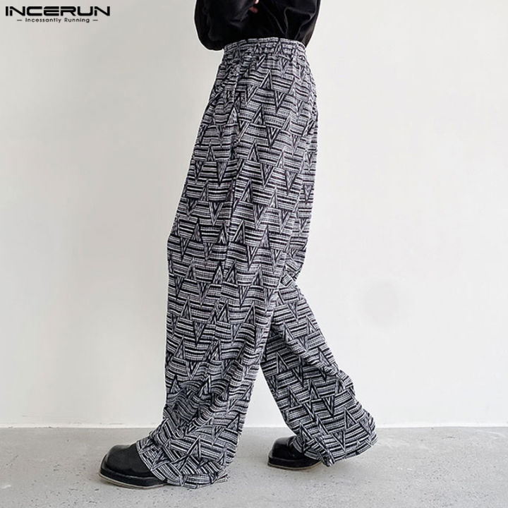 incerun-กางเกงผ้าชิโน่ลำลองกางเกงขายาวทรงหลวมริ้วรอยเรขาคณิตของผู้ชาย-สไตล์เกาหลี