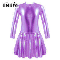 Kids Girls Bronzing Cloth Invisible Zipper Back Skating Dress Long Sleeve Round Neckline Ballet Figure Ice Skating Dance Clothes