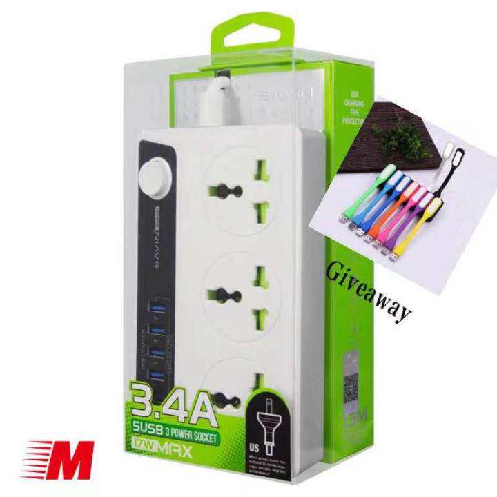 BAVIN 3 Power Socket Extension 5 USB Slot 3.4A Universal AC USB Charger