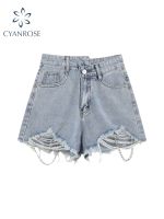 【hot】 Waist Womens Jeans Shorts 2022 Female Streetwear E-girl Wide-leg Ripped A-line Denim