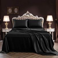 SISISILK4 Pce Luxury Satin Silk Soft QUEEN Bed Fitted Bed Sheet Set - RED BLACK 10