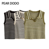 PEAR DODO เสื้อถักสั้นสำหรับผู้หญิงเสื้อกั๊กแขนกุดเสื้อโปโลลายทางสไตล์เกาหลี