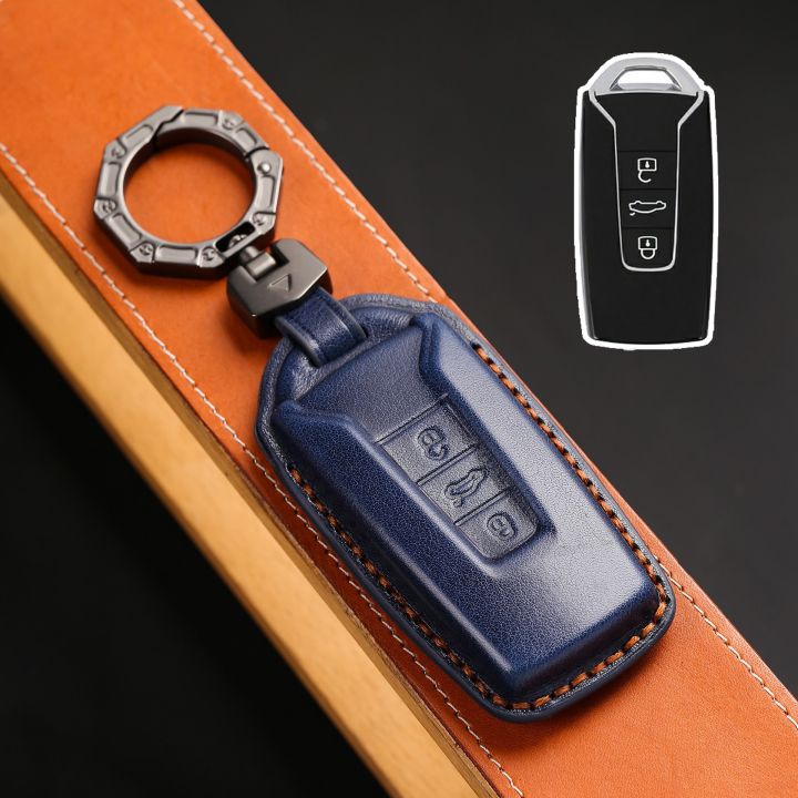 Smart Key Cover Fob Case Car Keyring Shell For Volkswagen VW Touareg 2018 2019 2020 2021 3 Button Keychain Genuine Leather