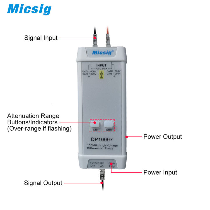 micsig-dp10007ออสซิลโลสโคปชุดตรวจสอบเครื่องตรวจคลื่นไฟฟ้าชุดตรวจสอบความต่างศักย์ไฟฟ้าสูงสีขาว700v-100mhz