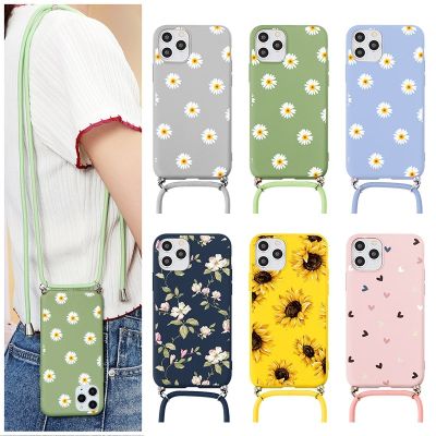 「Enjoy electronic」 Silicone Phone Case For iPhone 12 11 14 Pro 13Pro Max 7 8 Plus 10 X XR XS SE2 SE3 2022 Daisy Flower With Lanyard Neck Strap Case