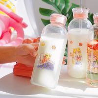 【High-end cups】 KSATMOON เครื่องดื่มขวดแก้ว Kawaii ขวดน้ำ EcoGlass พร้อมแก้วฟางถ้วยน่ารักขวดน้ำขวดของฉัน