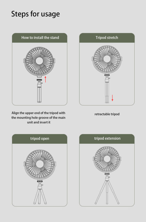 พัดลมชาร์จไฟได้หมุนเวียนแบบหมุนเวียนแบบพกพาพัดลมไฟฟ้าติดเพดานแบบไร้สายตั้งโต๊ะสำหรับตั้งแคมป์พร้อมขาตั้งไฟสามขาพาวเวอร์แบงค์-led