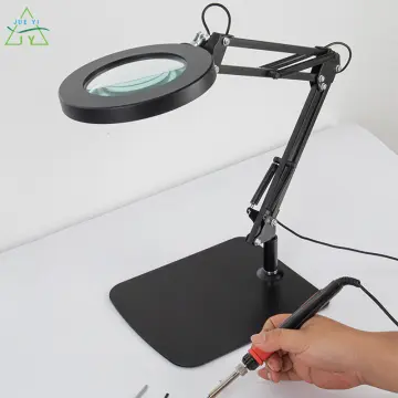 LED Magnifying Magnifier Glass with Light on Stand Clamp Arm Hands Free  Black 