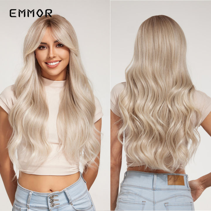 emmor-สีบลอนด์แพลทินัมผมสังเคราะห์วิกผมหยักยาวเรียบสำหรับผู้หญิงคอสเพลย์ที่มีคุณภาพสูงทนต่ออุณหภูมิ