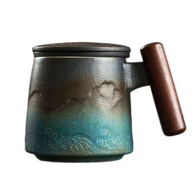 【High-end cups】เซรามิกย้อนยุคถ้วยกาแฟสำนักงานถ้วยน้ำกรองถ้วยชาที่มีฝาครอบถ้วยและแก้วด้ามไม้ Caneca กล่องของขวัญวันเกิด CM061