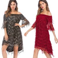 Loose And Thin Cover Belly Hidden Belly Fringed Sequins Black Gold Wine Red One-Collar Dress Dress Female Short-Sleeved