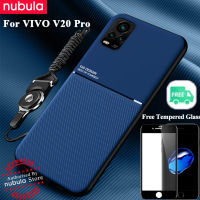 Nebula สำหรับ VIVO V20 Pro (6.44นิ้ว) ปลอกกระจกเทมเปอร์ Silky รู้สึกหนัง Hp VIVO V20 Pro โทรศัพท์มือถือกรณีกันกระแทกรถแม่เหล็กปกหลัง Lanyard ชุดทำความสะอาดหน้าจอสำหรับ VIVO V20 Pro