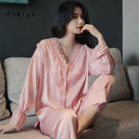 Fiklyc Casual Womens Home Clothing Sexi Solid Color White Pink Wedding 2Pieces Pajamas Sets For Female Newest Satin Nightwear