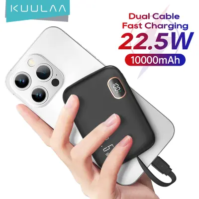 KUULAA 22.5W Power Bank 10000mAh แบตสำรอง PD Fast Charging Mini PowerBank Built in Two Cables Type C Lightning for iPhone 15 14 13 12 Huawei Xiaomi Samsung Portable Charger External Battery