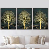 สีเขียวเข้มบทคัดย่อ Golden Tree พิมพ์โปสเตอร์ภาพวาดผ้าใบ Modern Luxury Big Wall Art Nordic Home Decor สำหรับตกแต่งคริสต์มาส