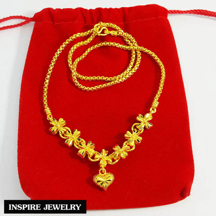 inspire-jewelry-สร้อยคอสังวาลย์-ดอกไม้เรียง-ห้อยหัวใจตอกลายหุ้มทองแท้-100-18-นิ้ว-น้ำหนัก-1-บาท-พร้อมถุงกำมะหยี่