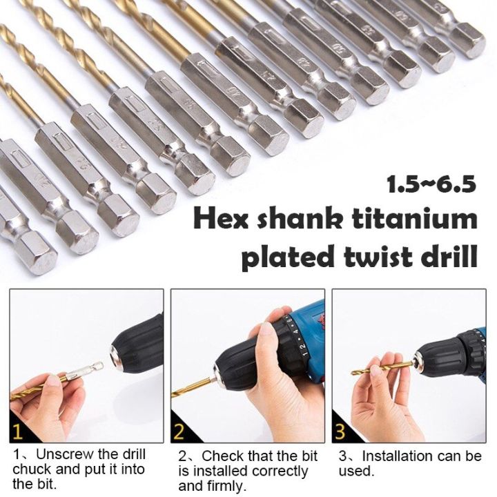 hh-ddpjcheapest-hss-high-speed-steel-titanium-coated-drill-bit-set-1-4-hex-shank-1-5-6-5mm-hexagonal-handle-twist-drill-13pcs-lot