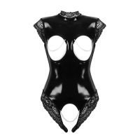 Womens Wetlook Nipples Hole Sissy Exotic Teddies Patent Leather Lingerie Open Cup Crotchless Lace Trimmed Bodysuit Nightwear