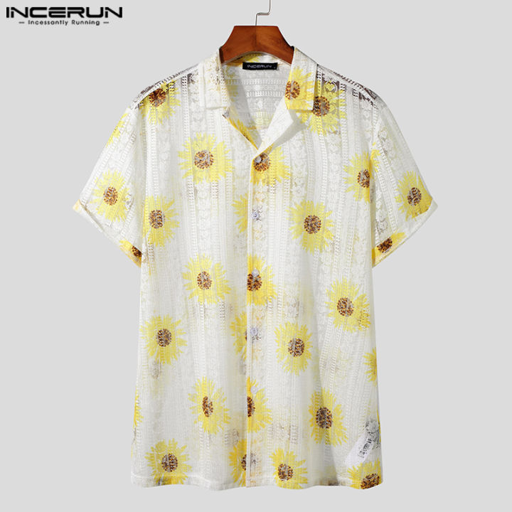 incerun-ผู้ชายแขนสั้นตาข่ายพิมพ์ลายดอกไม้ปกเสื้อลายลูกไม้เสื้ออาร์ตซี่-เสื้อผ้าลำลอง-3