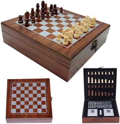 4 In 1 Chess Set Wooden International Chess Poker Dice Domino Family Party Entertainment Table Board Games (Wooden) 🔥พร้อมส่ง🔥ความบันเทิงเกมกระดานโต๊ะชุดหมากรุกไม้หมากรุกสากลลูกเต๋าโป๊กเกอร์ Domino