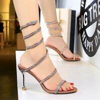 Meriahzheng 8CM Sexy Club Banquet Womens Shoes Stiletto High-heel Snake Wrap Strap Rhinestone Ankle Wrap Strap Sandals DS