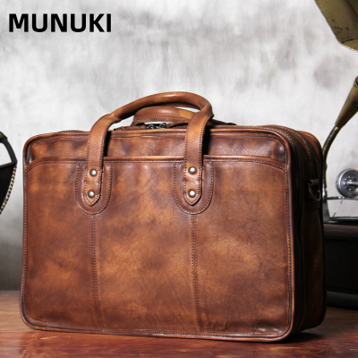 MUNUKI กระเป๋าเอกสารแล็ปท็อป15.4นิ้วสำหรับผู้ชายย้อนยุคกระเป๋าถือหนังวัวชั้นบนสุดกระเป๋าเดินทางสำหรับธุรกิจหนังแท้แฮนด์เมดพอร์ตโฟลิโอกระเป๋าสะพายไหล่สำหรับผู้ชายกระเป๋าสำนักงาน CSB001