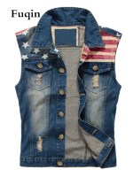 Mens Vest Denim Jacket America Flag Casual Streetwear Sleeveless Coats Hole Pocket Jeans Spring Summer Jakcet For Man Outwear