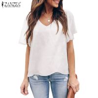 【On Clearance】ZANZEA Women Summer Loose Basic Solid Shirt Flare Sleeve V Neck Blouse